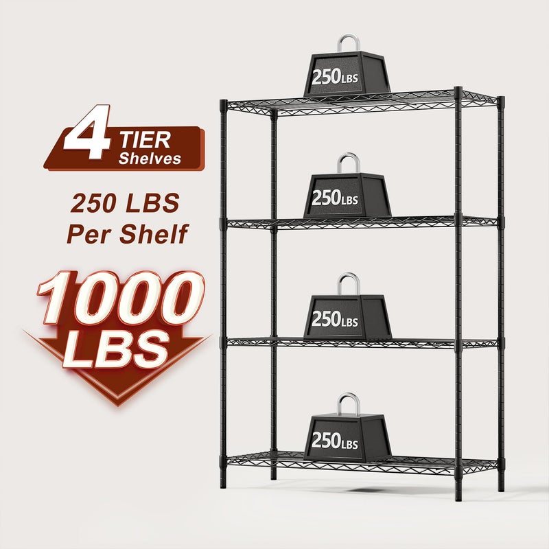 BestOffice | 4-Tier Wire Storage Shelves | 36x14x54 | Black | with Adjustable Racks | Heavy-Duty Metal Shelf, Holds Upto 1000 lbs | No-Tool Assembly | Ideal for Home & Garage Shelving - Image 3